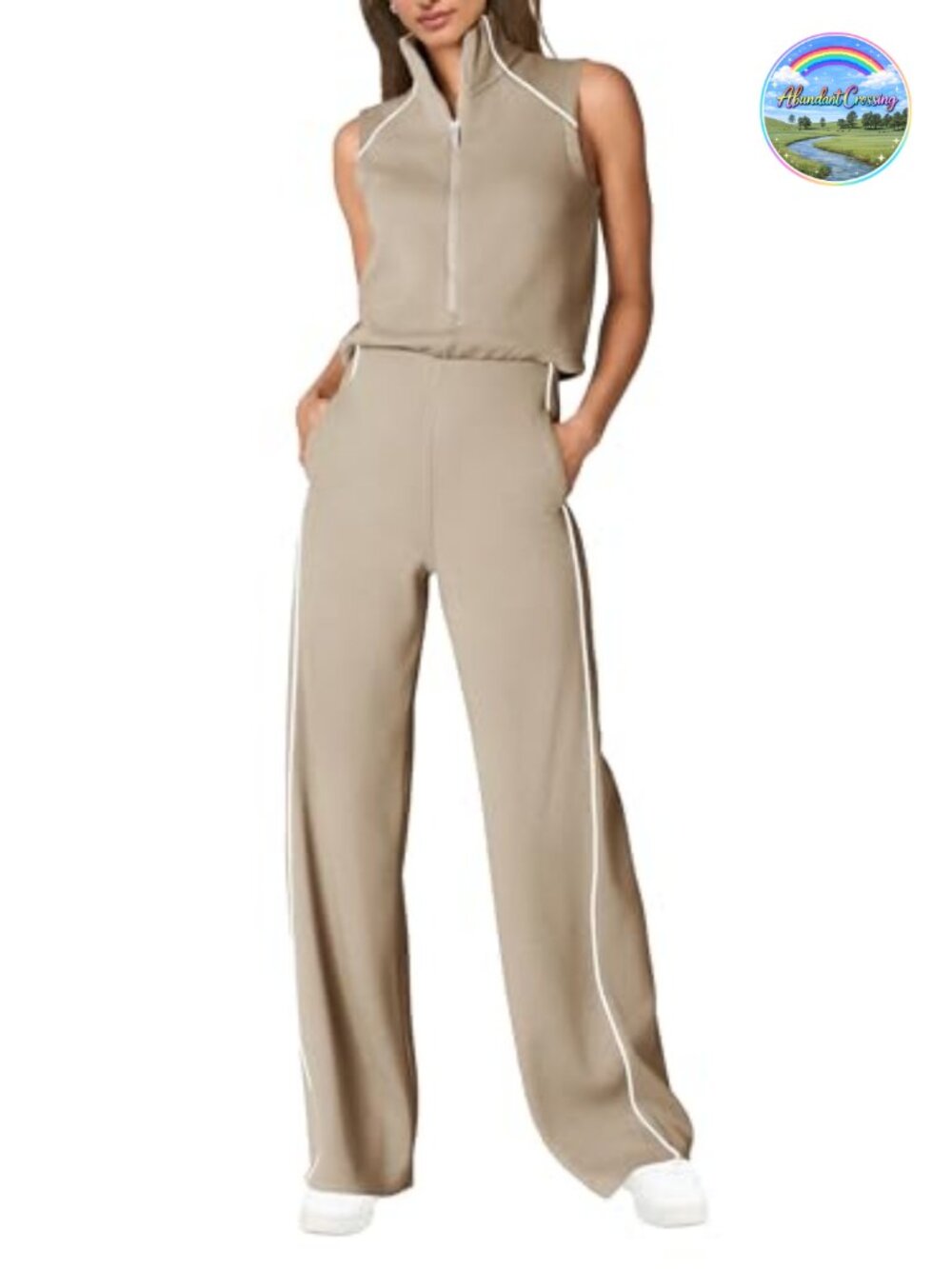 Wide Leg Jumpsuit Romper with Pockets Sleeveless Mock Neck